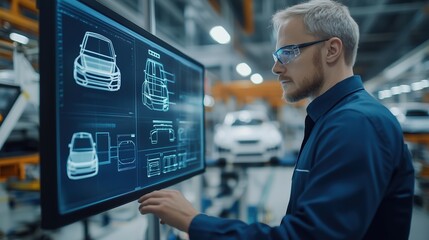 Engineer Analyzing Automotive Design on Digital Screen in Modern Manufacturing Facility with Car Blueprints in Background