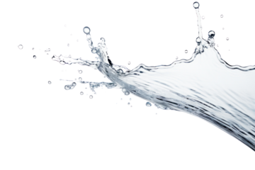 A single drop of water falling into a clear pool, causing a splash with droplets dispersing outward, isolated on white background
