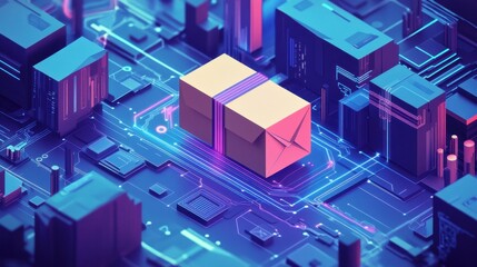 Obraz premium Illustration of a package traveling along a digital map.