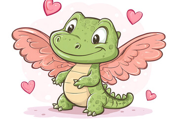 Obraz premium A cute green dragon with pink wings and a cheerful expression surrounded by hearts.