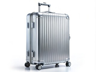 Fototapeta premium Silver Large Polycarbonate Suitcase Isolated on White Background for Travel Accessories and Luggage Marketing, Perfect for E-commerce and Product Photography Needs