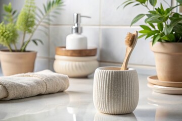 Simple Ceramic Toothbrush Holder in a Modern Bathroom Setting with Soft Lighting and Natural Elements, Highlighting Minimalist Design and Functionality for Daily Use