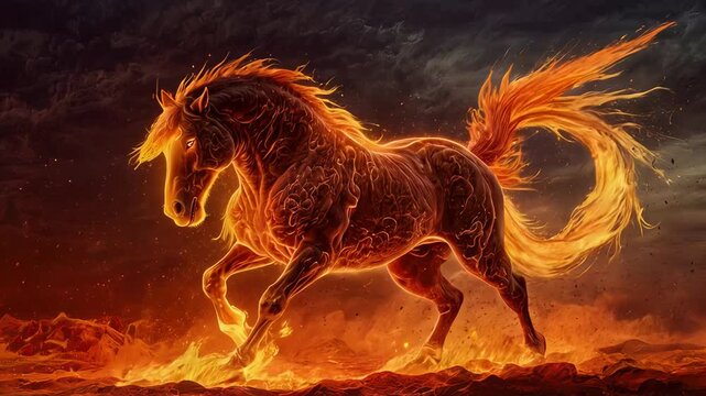Majestic fiery horse running on a burning ground with flames and sparks, creating a dramatic and spooky halloween scene