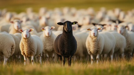 Black Sheep Stands Out Among Flock of White Sheep in Field