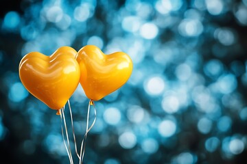 Obraz premium Two shimmering heart-shaped balloons float against a soft blue bokeh backdrop, setting a romantic and celebratory mood