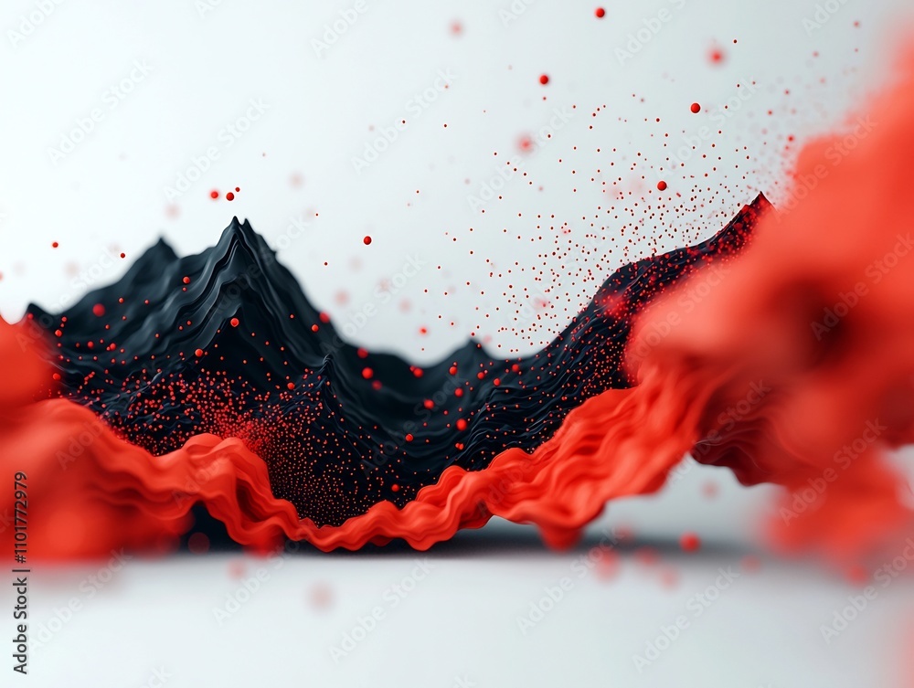Poster dynamic abstract 3d landscape with a powerful flow of red dots and lines creating a wave like mounta