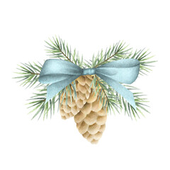 Christmas ornament with fir branches and cones tied with blue bow. Hand drawn watercolor isolated illustration spruce eco decoration for New Year greeting cards, stickers and festive packaging.