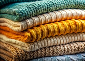 Soft Modern Sweaters Stacked Elegantly on a Colorful Background, Showcasing Textures and Styles for Cozy Seasonal Fashion Inspiration