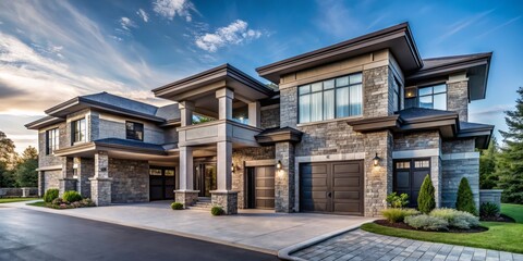 Fototapeta premium Sophisticated Design Showcased in New Construction Property with Natural Stone Pillars, Three-Car Garage, and Gray Siding, Perfect for Architectural Photography Enthusiasts