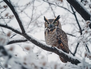 Majestic Great Horned Owl in Snowy Winter Tree Branches