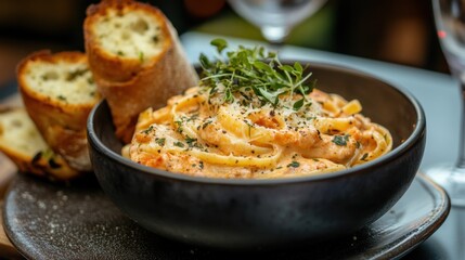 Italian pasta with creamy Alfredo sauce served with garlic bread and herbs.