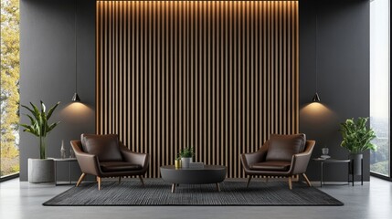 Modern Minimalist Living Room Interior Design with Wood Wall