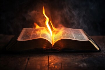 Bible On Fire. Sacred Book Engulfed in Flames on Wooden Desk