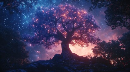 Naklejka premium Majestic Tree Embodying Duality of Time Under Cosmic Sky