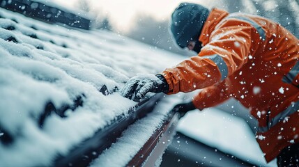 Worker clearing snow from a roof gutter in winter