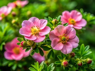 Naklejka premium Stunning Close-up of Pink Lapchatka Flowers (Potentilla) on a Lush Green Bush Captured Using Rule of Thirds, Perfect for Nature and Gardening Themes in Stock Photography