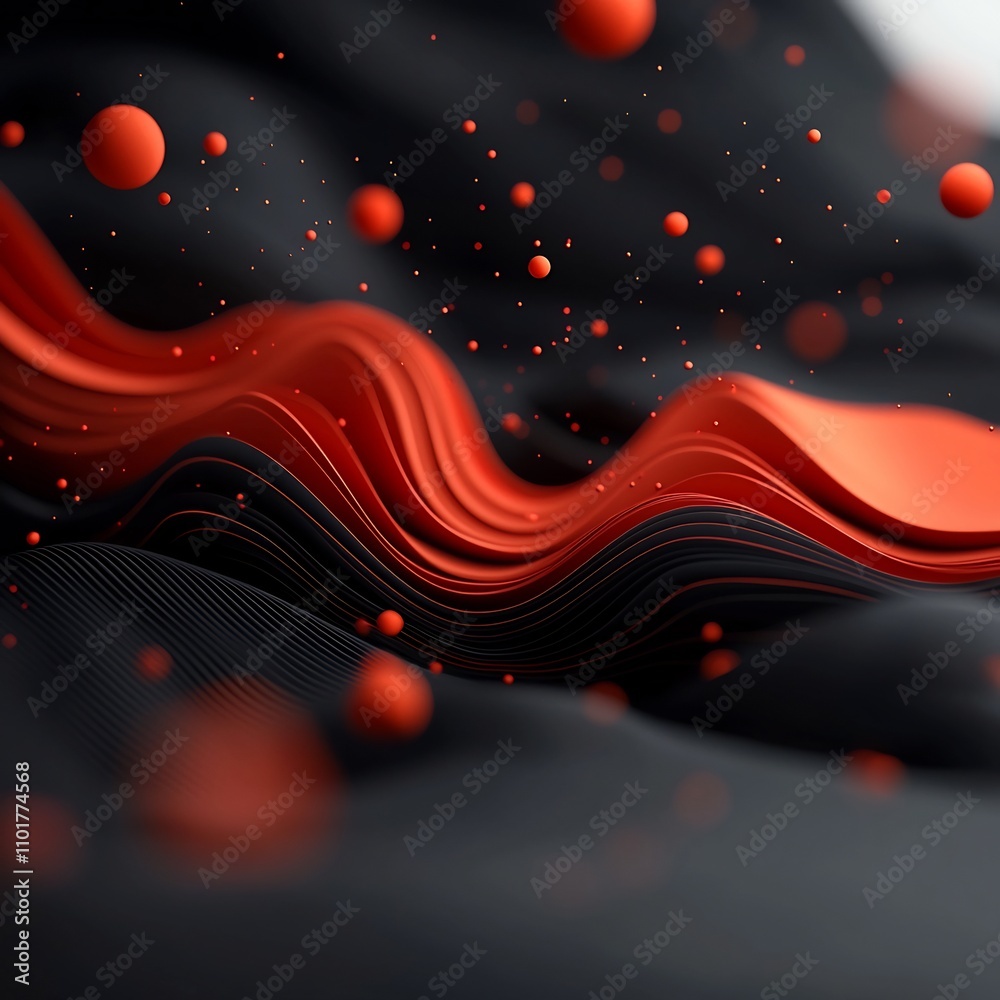 Poster striking abstract background with undulating waves of glowing red lines and luminous dots resembling