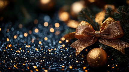 Holiday Merry Christmas, Happy New Year. Dark, gold, black background, flat top view, luxury ribbons