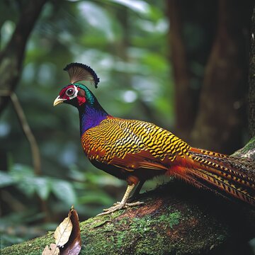 full body, side view of Bornean Peacock-Pheasant (Polyplectron schleiermacheri) in wild habitat at Telupid forest, Sabah, Malaysia