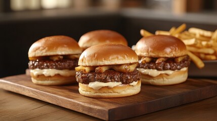 Juicy burgers with crispy golden fries and creamy sauces, served on a wooden board in a rustic diner setting.