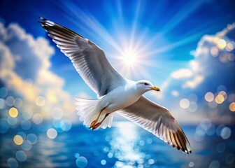 Obraz premium Stunning Flying Seagull Against a Crystal Clear Blue Sky with Bokeh Effect, Perfect for Nature and Wildlife Photography, Ideal for Backgrounds and Prints