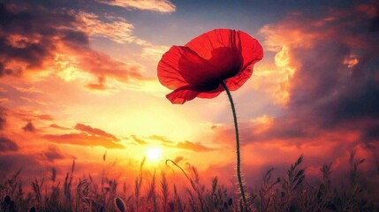 Lone red poppy standing tall against a fiery sunset sky, symbolizing beauty and resilience.