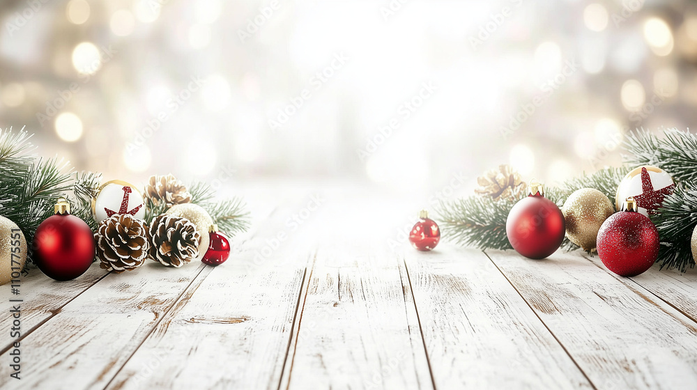 Poster festive christmas background with a wooden table and decorations against a bokeh light backdrop. ide