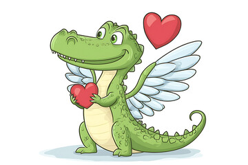 Fototapeta premium A cheerful dragon with wings holds a heart, symbolizing love and affection.