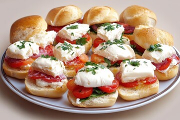 Bite Size Delights. Mini Sandwich Appetizers for Buffet, Finger Food spread on Plate