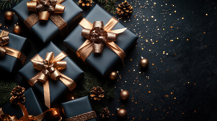 Holiday Merry Christmas, Happy New Year, craft gift box. Flat lay, copy space, monochrome style