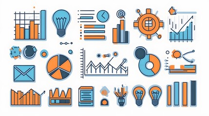 Minimalist business infographic icons featuring flat design vector elements with pie charts, bar graphs, and analytics symbols in orange and blue, using clean geometric shapes and line art style.