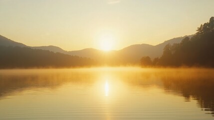Majestic sunrise illuminating a serene lake, framed by distant mountains and soft morning mist.