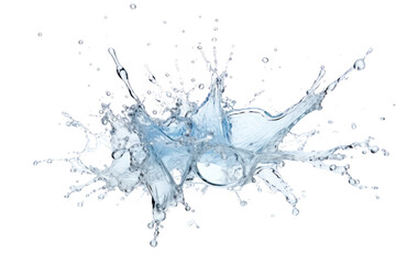 A burst of water droplets in mid-air, frozen in time as they scatter outward from a central point, isolated on white background