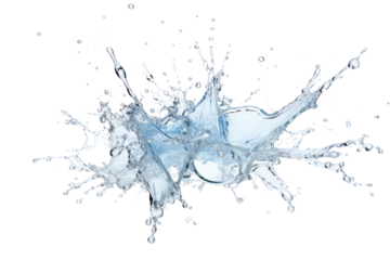 A burst of water droplets in mid-air, frozen in time as they scatter outward from a central point, isolated on white background