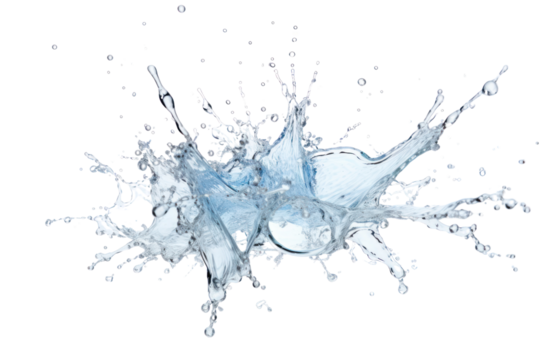 A burst of water droplets in mid-air, frozen in time as they scatter outward from a central point, isolated on white background