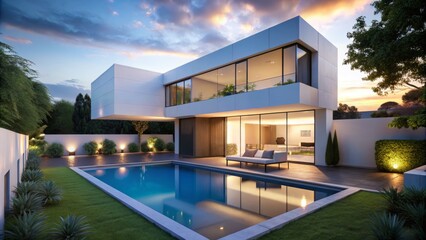 Stunning Modern White Cube House with Illuminating Swimming Pool at Dusk, Showcasing Contemporary Architecture and Luxurious Outdoor Living Space