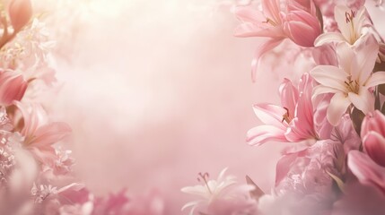 Obraz premium Light pink backdrop with scattered pink tulips and white lilies