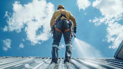 Worker Cleaning Metal Roof Under Blue Sky