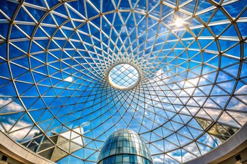 Stunning Silhouette of a Half Top Circle Dome Roof with Steel Structure and Glass Walls Reflecting Bright Blue Sky in Urban Architecture Conceptual Photography