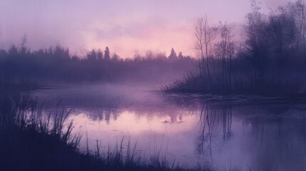 Fototapeta premium Moody wetland scene with still waters reflecting trees and a pastel-colored sky at dusk.
