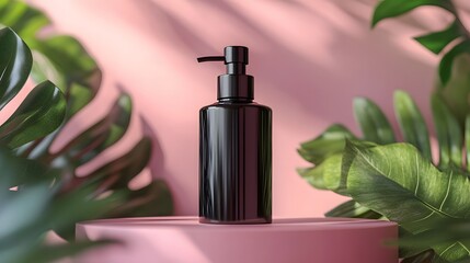 Black cosmetic pump bottle displayed on geometric platform with soft pink background and green tropical leaves, featuring matte finish and natural shadows in professional studio setup.