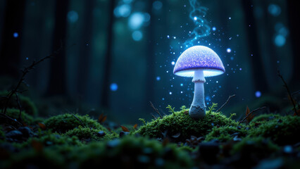 A psychedelic mushrooms scene with magical floating sparkles.