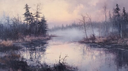 Fototapeta premium Moody wetland scene with still waters reflecting trees and a pastel-colored sky at dusk.