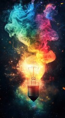 Glowing lightbulb with rainbow explosion and abstract energy waves