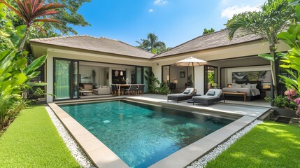 Fototapeta premium Experience a tropical villa with modern design, a sparkling pool, and serene garden views.