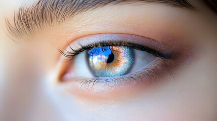 Fototapeta premium Close-Up Person Eye Light Reflection Insight Epiphany Concept Photo Stock for Ads and Magazines