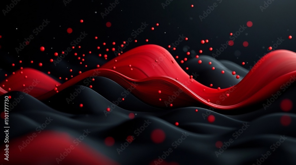 Poster an abstract digital landscape featuring a wave like pattern of vibrant red dots and flowing lines ac