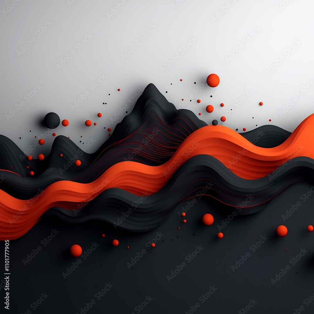 Poster surreal and abstract 3d cgi landscape with undulating red lines and dots against a dark moody backgr