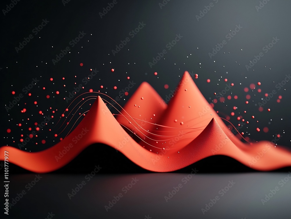 Poster mesmerizing wave like formation of red dots and lines cascading across mountainous shapes in a dark 