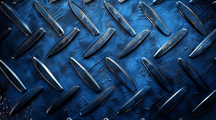 A close-up of a textured blue metal surface with raised diamond patterns, showcasing industrial design.